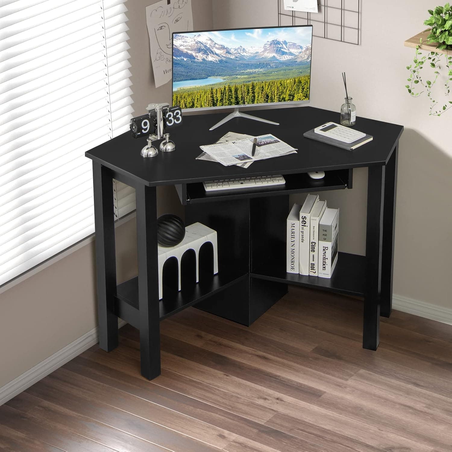 IFANNY Corner Computer Desk, Triangle Table with Keyboard Tray and Shelves, Compact Vanity Table for Small Spaces (White)