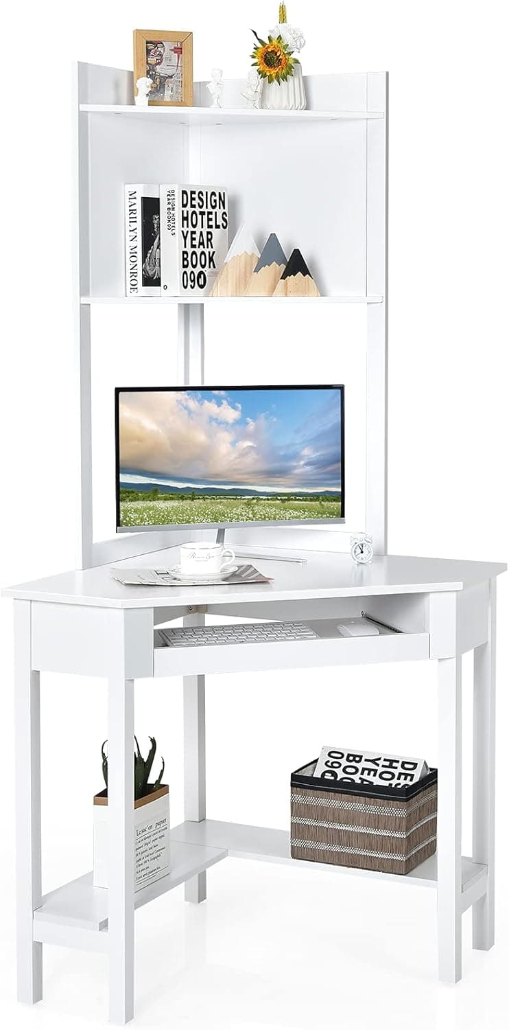 IFANNY Corner Computer Desk with Hutch, Triangle Corner Desk w/Keyboard Tray and Bookshelves, Small Corner Desk (White)