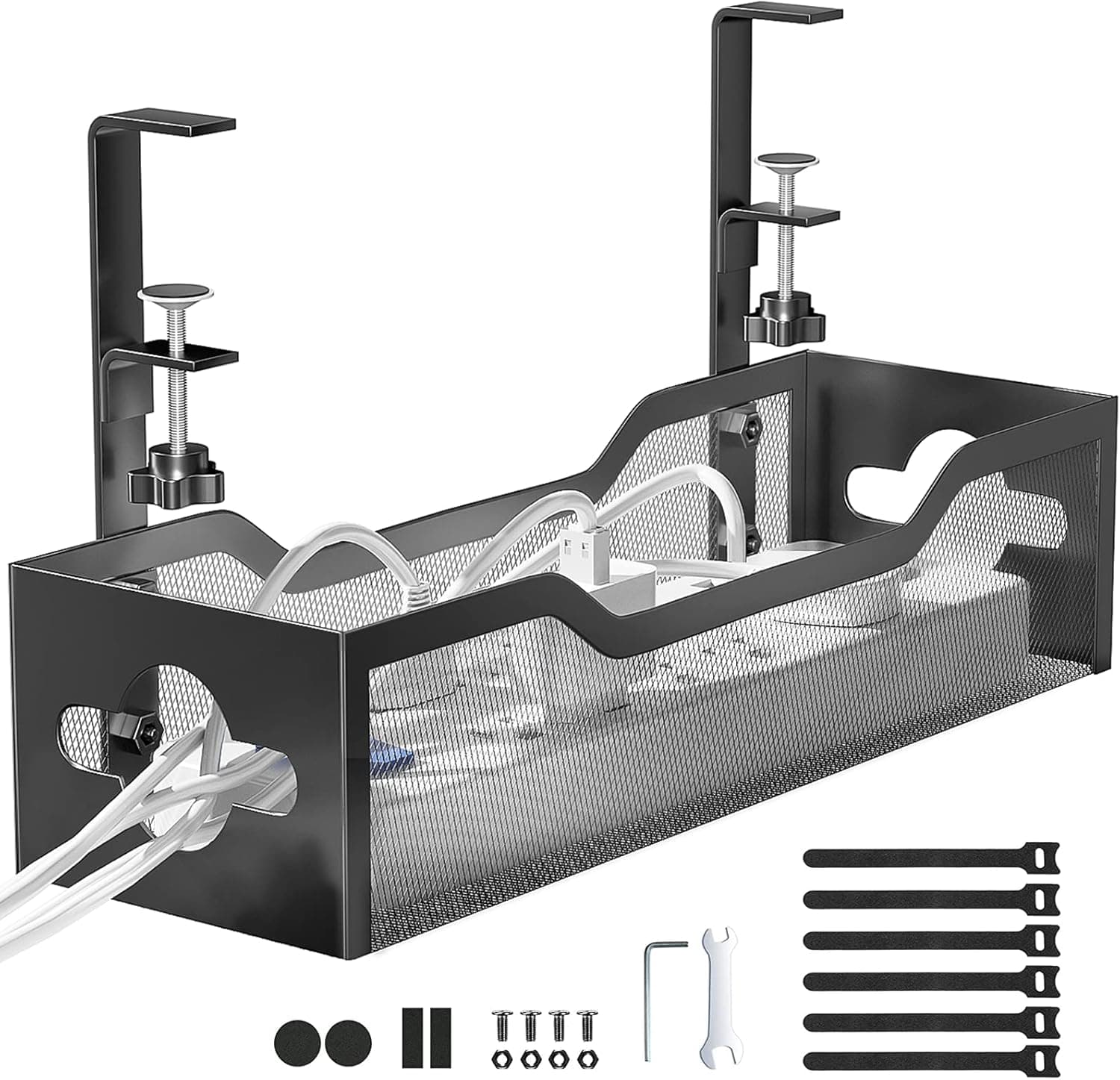Under Desk Cable Management Tray No Drill, Metal Mesh with Clamp Mount