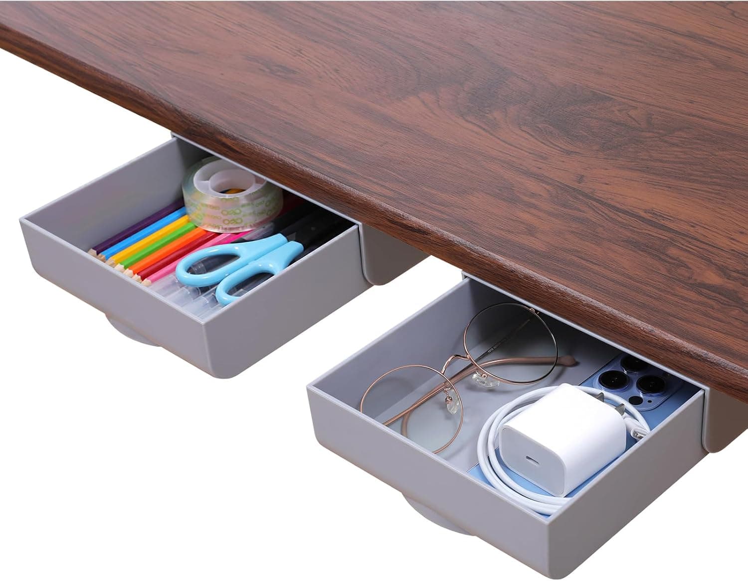 LuluEasy 2 Pack Under Desk Drawer Self-Adhesive Slide Out, Gray
