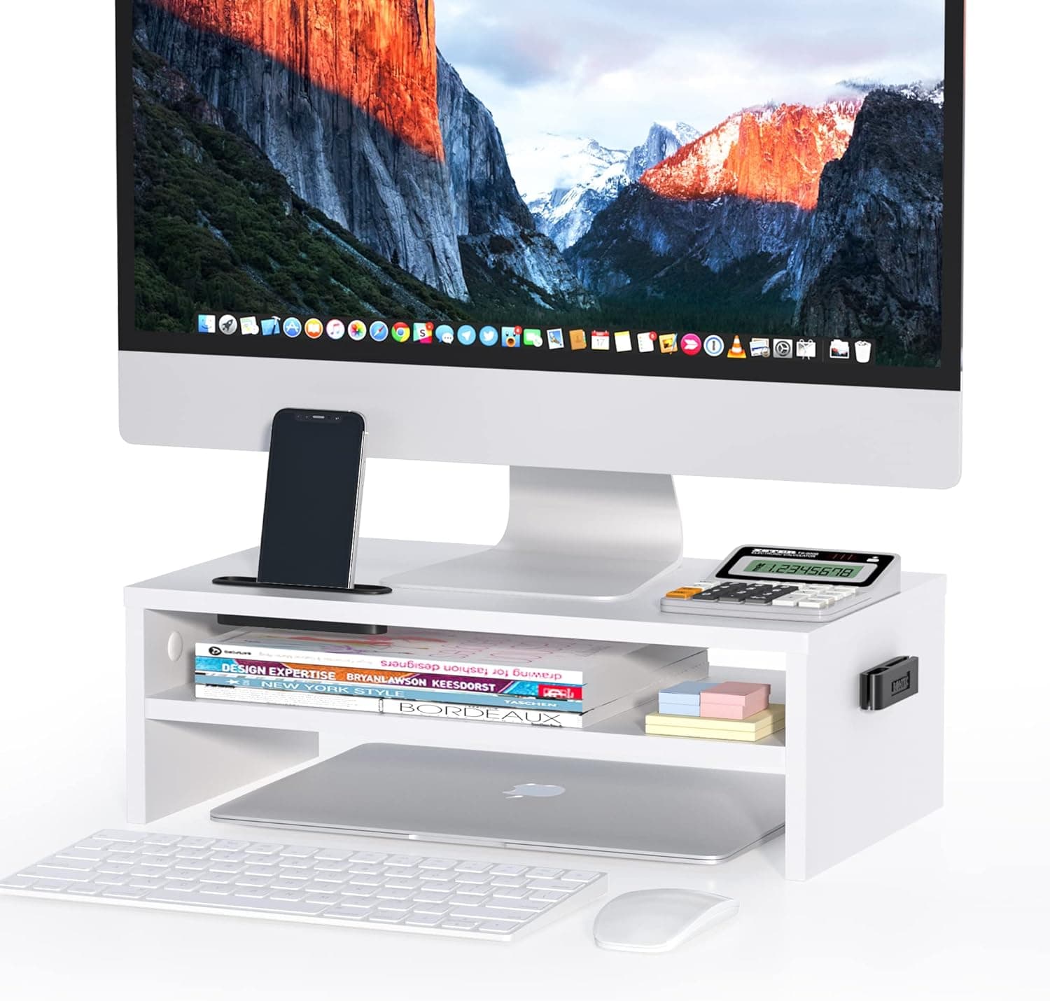 BONTEC Wooden Monitor Stand Riser 2-Tier with Storage, 66 lbs, White 16.5 inch