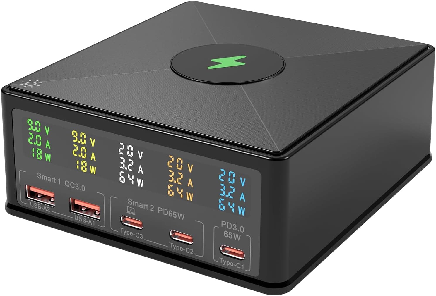 160W Desktop Charging Station 6-in-1: USB-C PD 65W, QC 3.0, Qi Wireless Pad