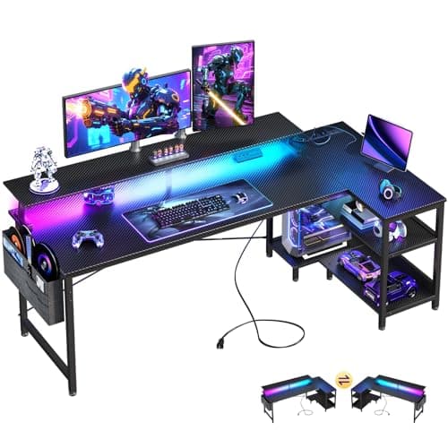 ODK 66 Inch L Shaped Gaming Desk with LED Lights, Power Outlets, Black