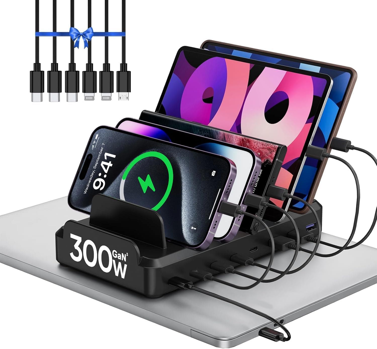 300W Charging Station for Multiple Devices, 8 Port Multi USB C Fast Charger Dock
