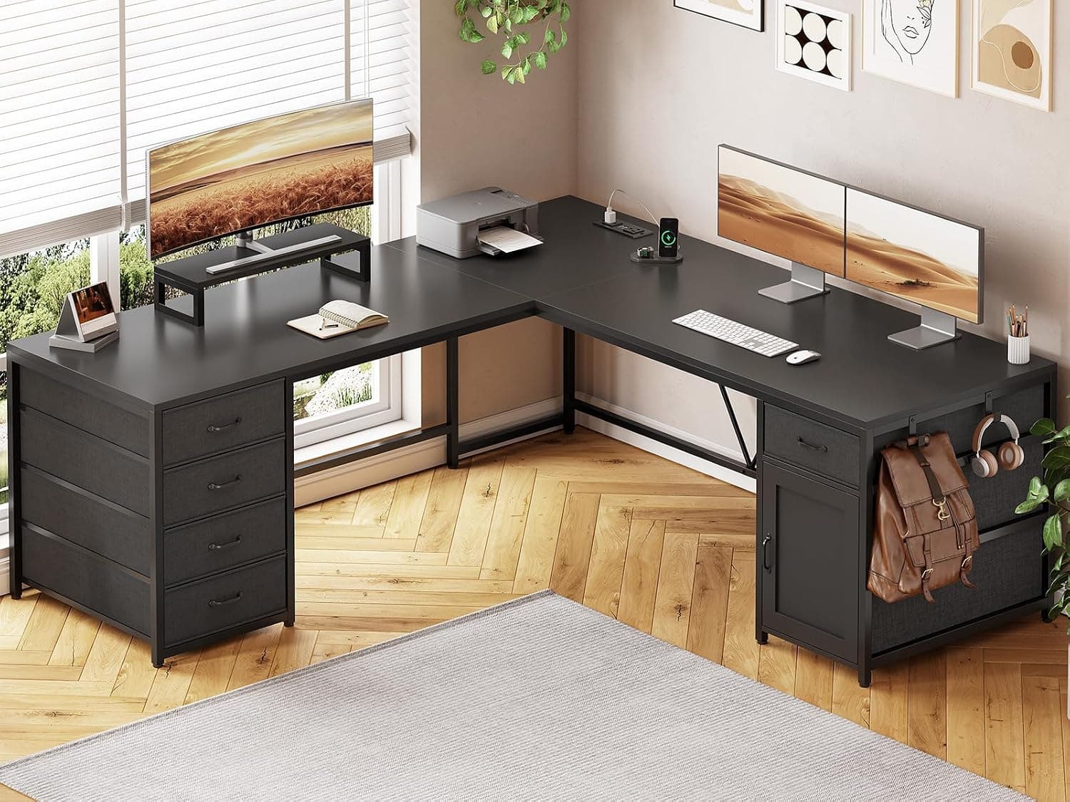 SEDETA L Shaped Desk, 63'' Corner Desk with 5 Drawer & Power Outlet, with Monitor Shelf, Storage Cabinet, Rustic Brown