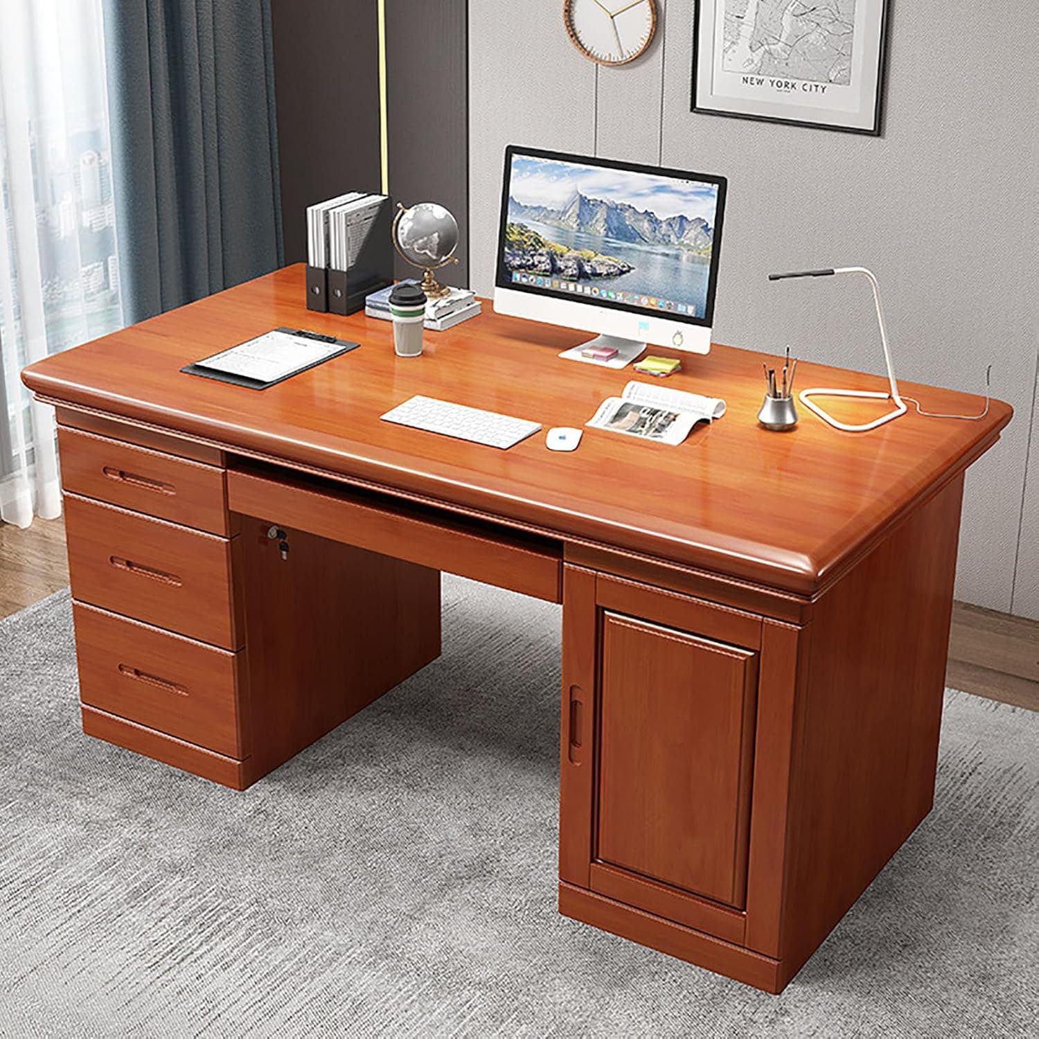 Solid Wood Computer Desk with 3 Drawers and CPU Storage Cabinet, Walnut