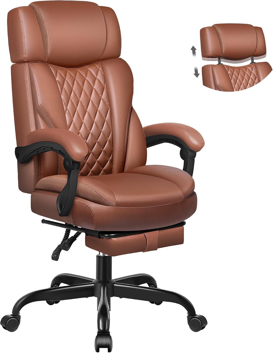 Executive Leather Office Chair, Big and Tall with Footrest, Ergonomic with Lumbar Support, Reclining Adjustable Angle