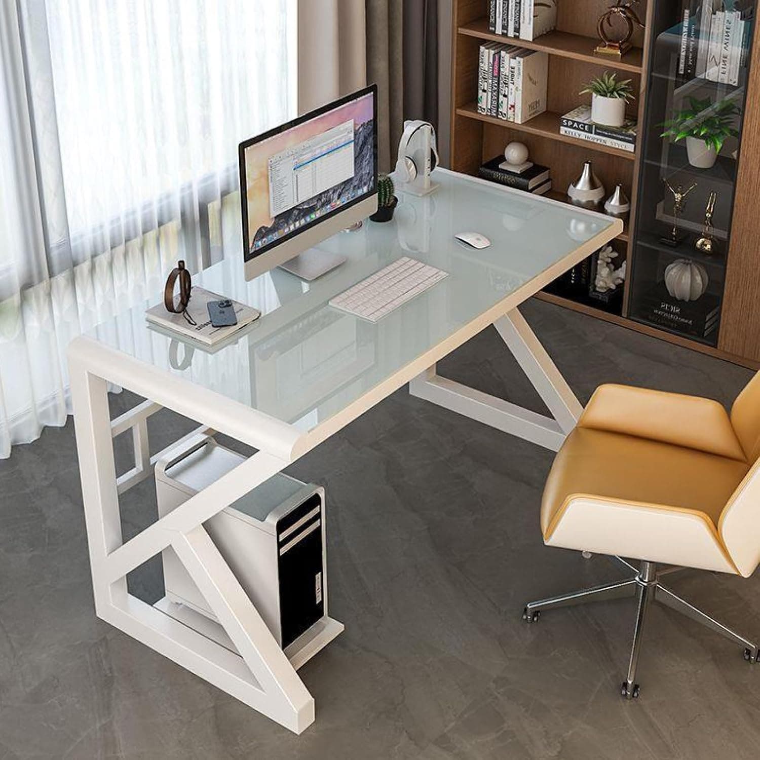 ALEEIK Tempered Glass Computer Desk, 120CM Modern Home Office Desk, White