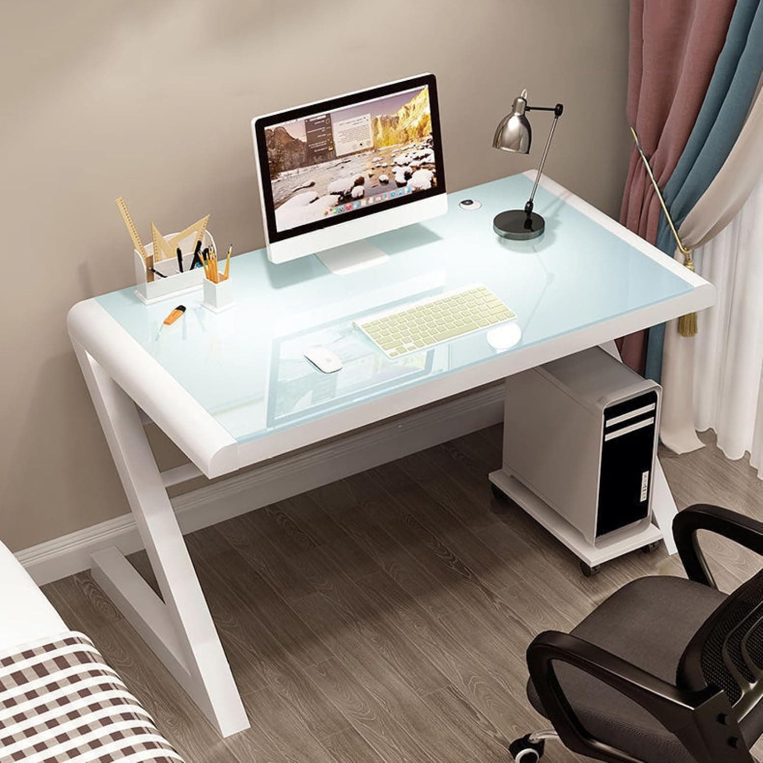 ALEEIK Tempered Glass Computer Desk, 39 Inch Modern Home Office Gaming Desk, White