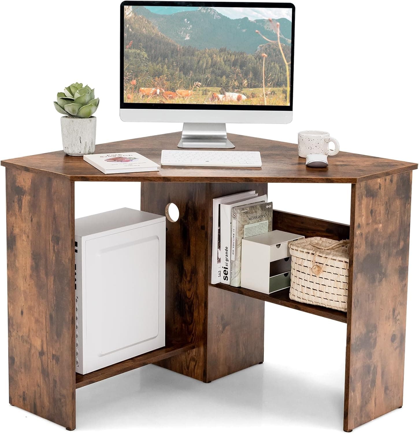 SILKYDRY Small Corner Desk, Space-Saving Corner Workstation with Storage Shelves & CPU Stand, 90 Degree Triangle (Rustic Brown)