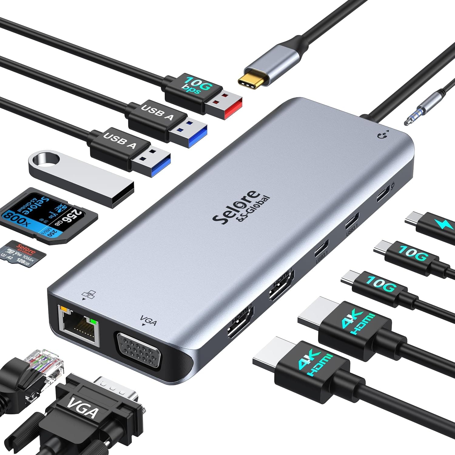 Selore USB C Docking Station Dual Monitor, 14-in-1, 3 Monitors, 2 HDMI, VGA, 100W PD
