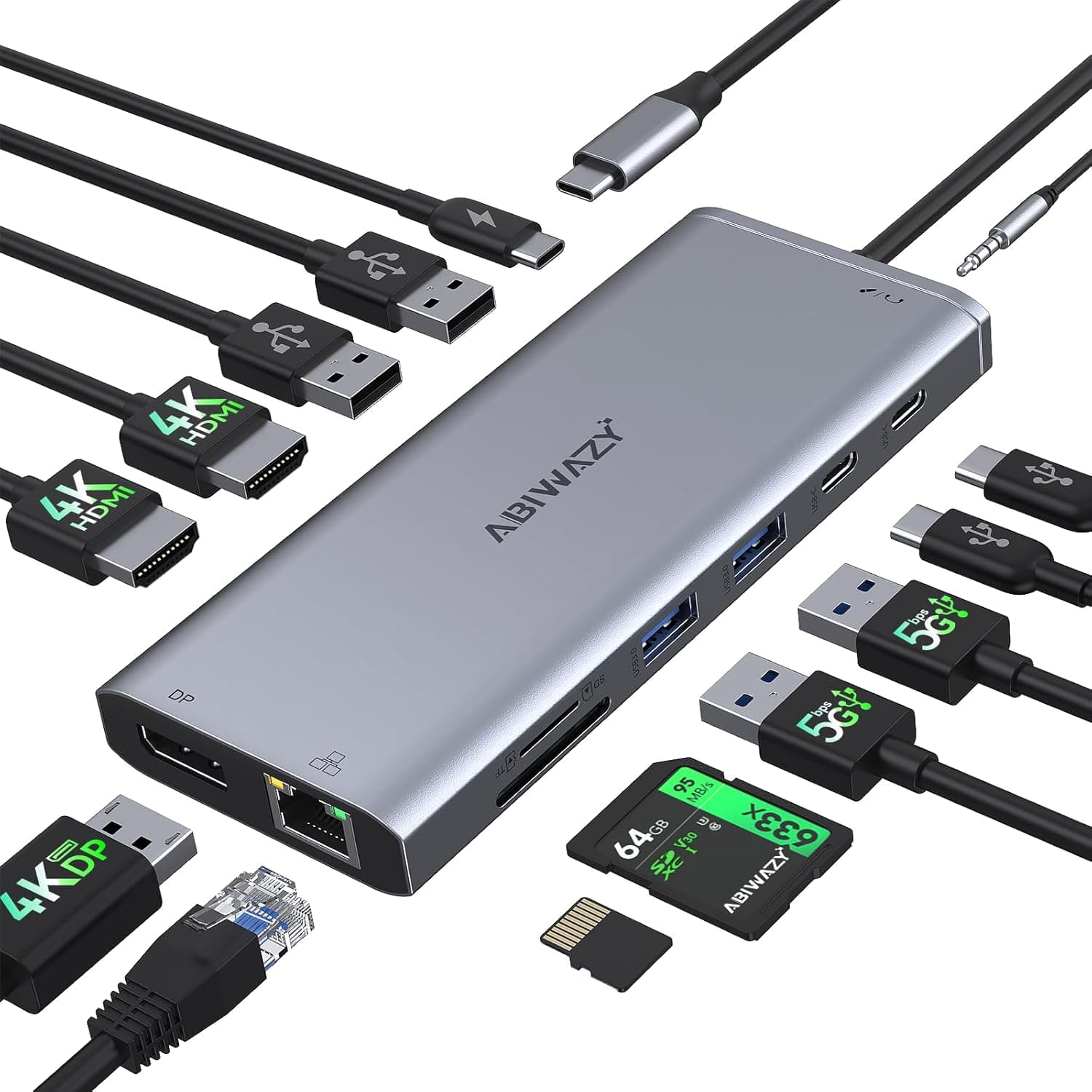 USB C Docking Station 3 Monitors, Dual HDMI, 4K DisplayPort, PD, Ethernet, 7 Ports