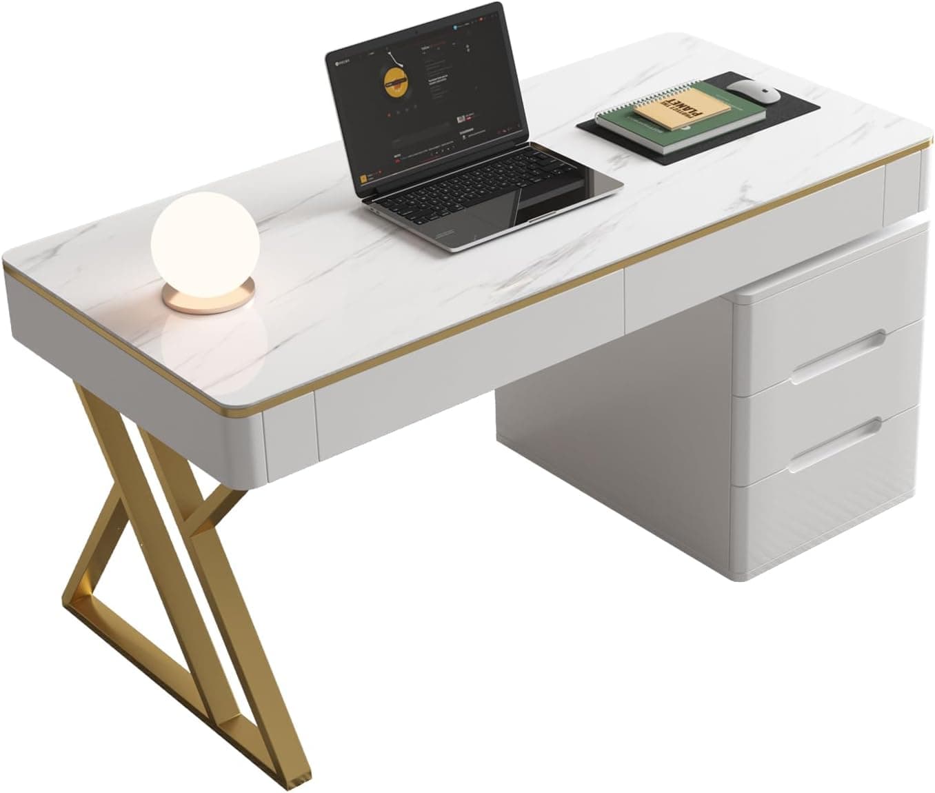 Dongge Wooden Computer Office Desk with Drawers, White Gaming Desk with Tempered Glass Top