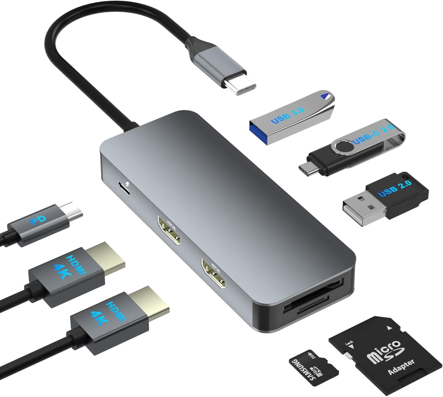 Docking Station Dual Monitor 8-in-1 USB C Hub, Dual HDMI Adapter, PD/SD/TF