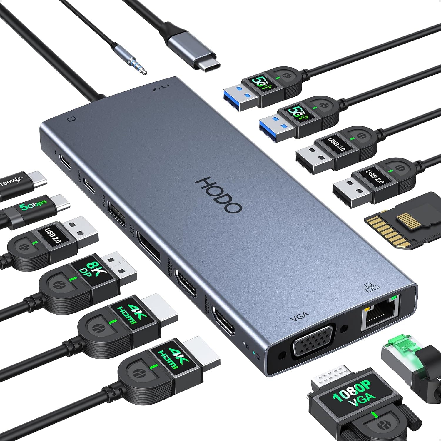 HODO USB C Docking Station 15-in-1, Dual 4K HDMI + 8K DP + VGA, Ethernet