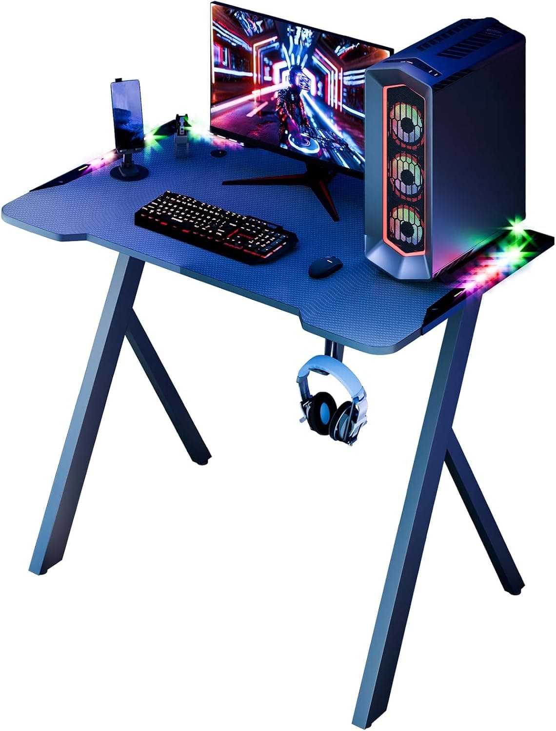 Gaming Desk with RGB LED Lights, Carbon Fiber Surface Gaming Table, X-Shaped Legs PC Workstation with Cup Holder & Headphone Hook, Black