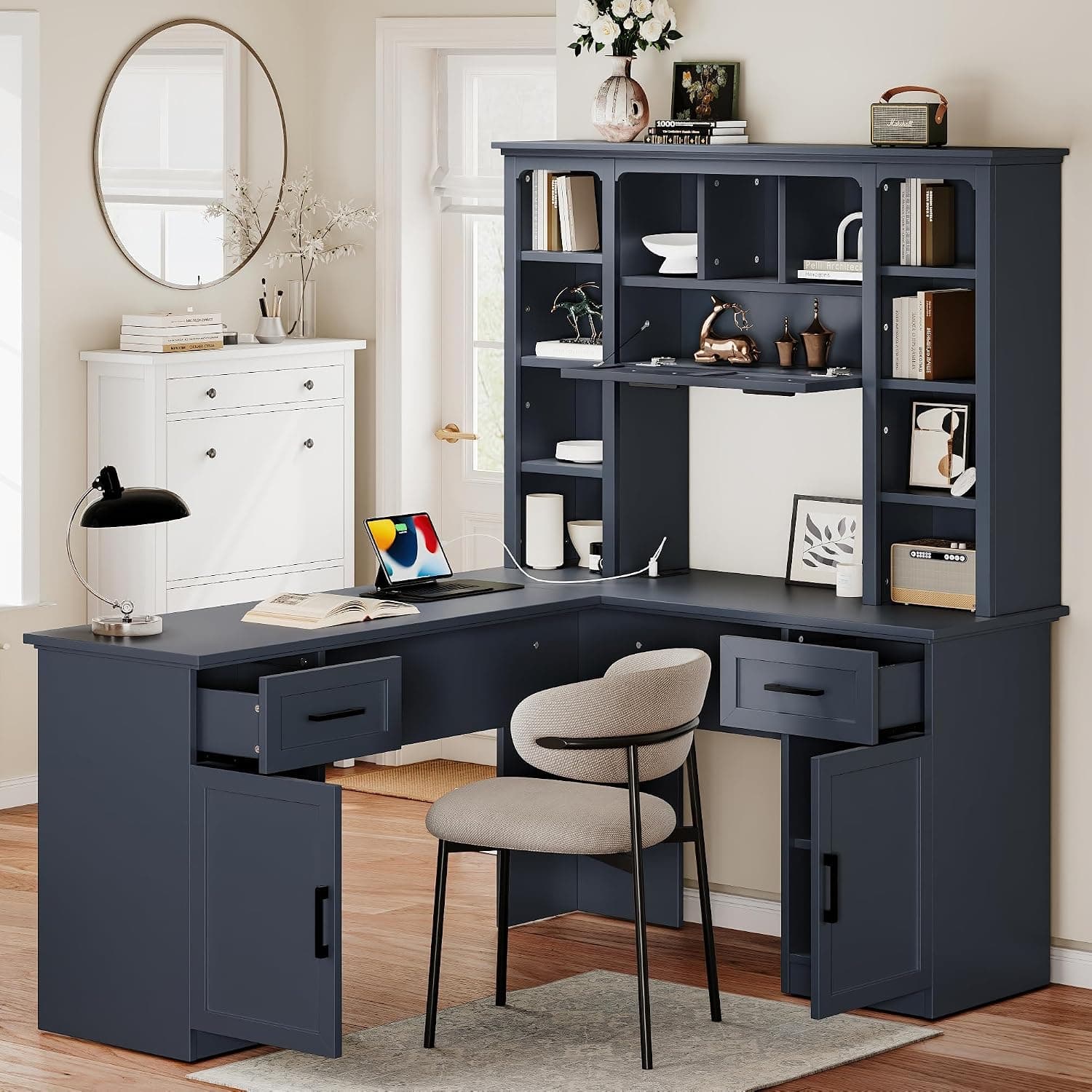L Shaped Desk With Hutch, Corner Computer Desk With Storage Shelf & Cabinet, Gaming Desk Workstation (Antique Blue)