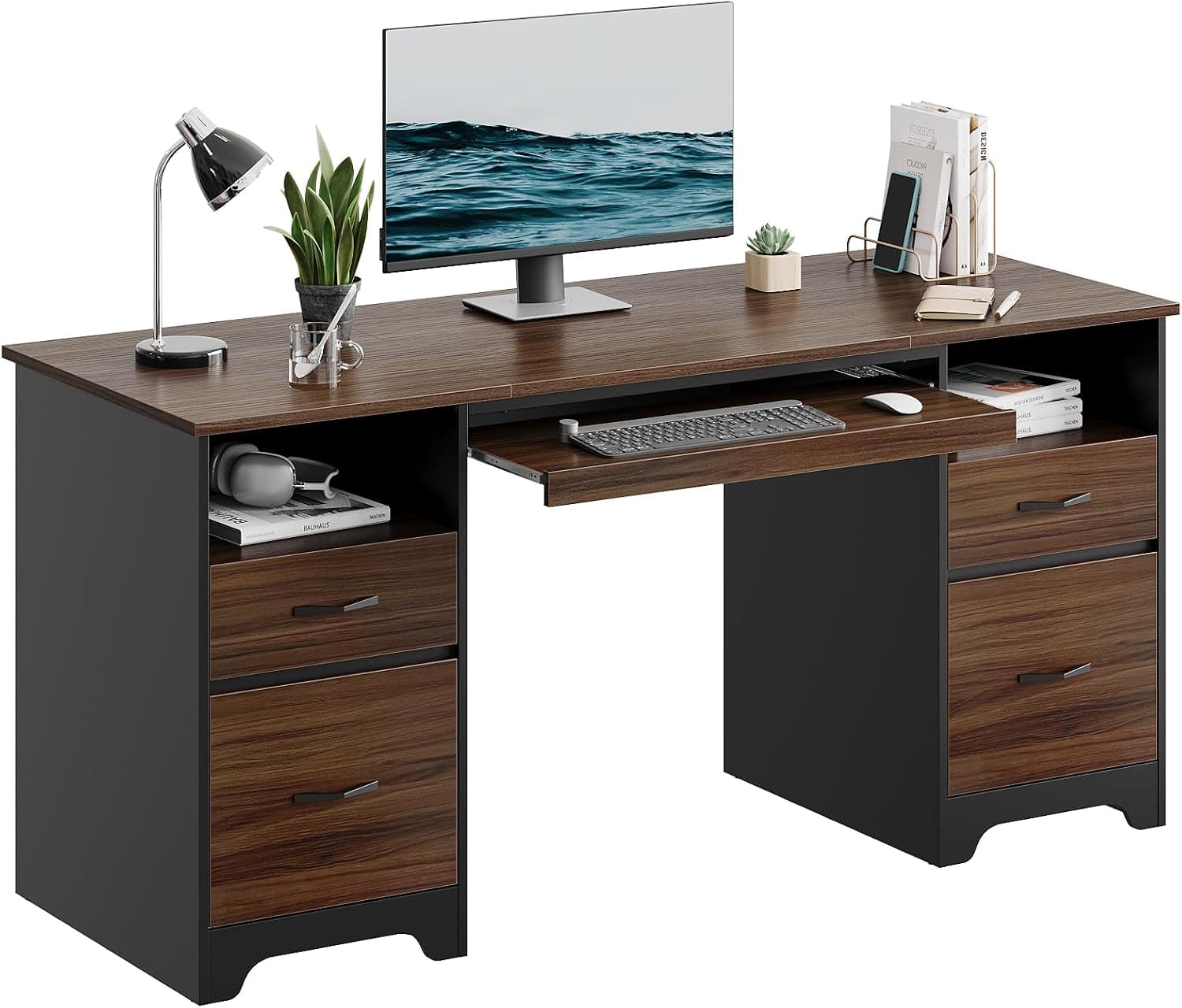 Bestier 59" Computer Desk with 4 Drawers, Executive Desk with File Drawer, Cherry
