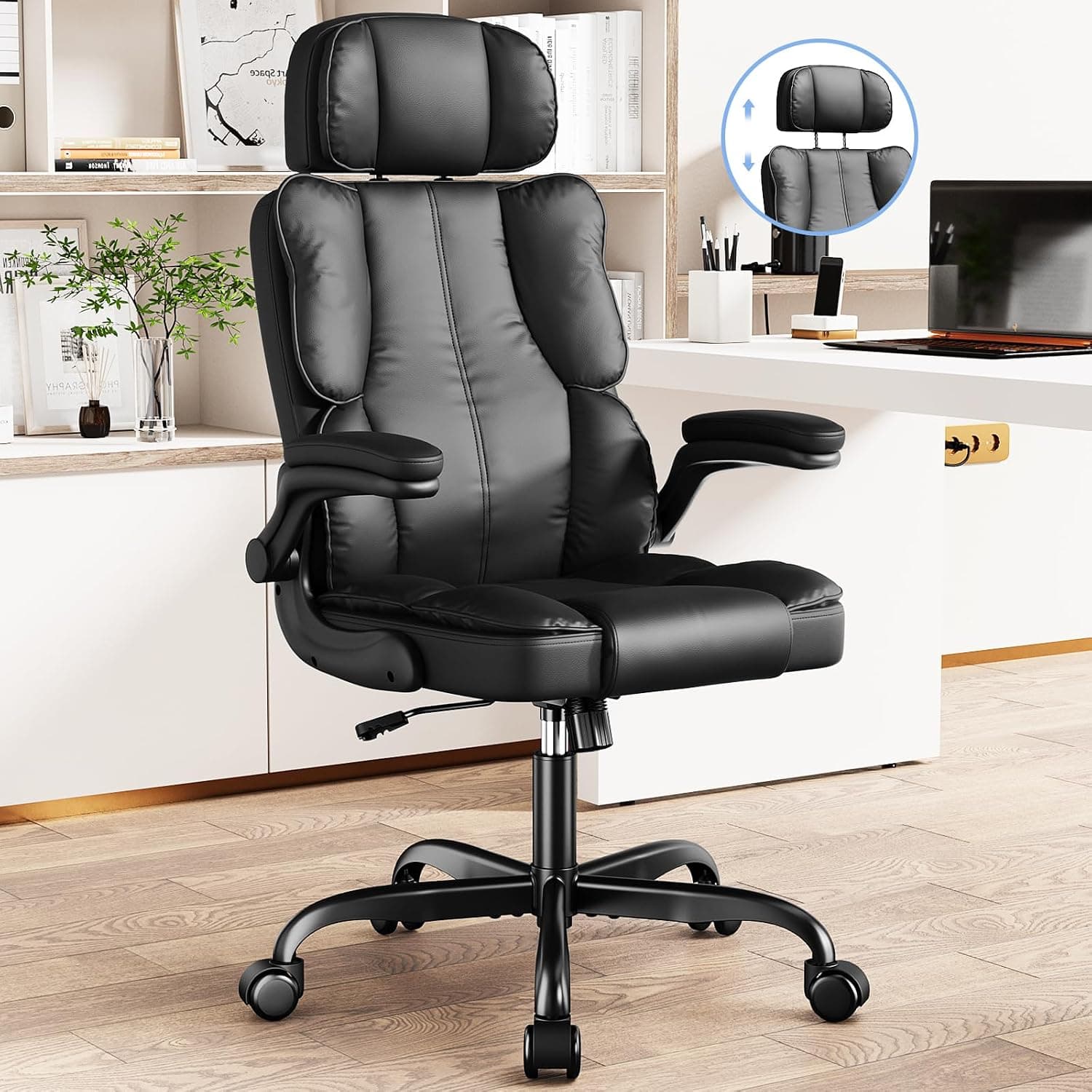 Kensaker Executive Leather Office Chair with Thick Cushion & Lumbar Support, Adjustable Headrest & Armrests, Black
