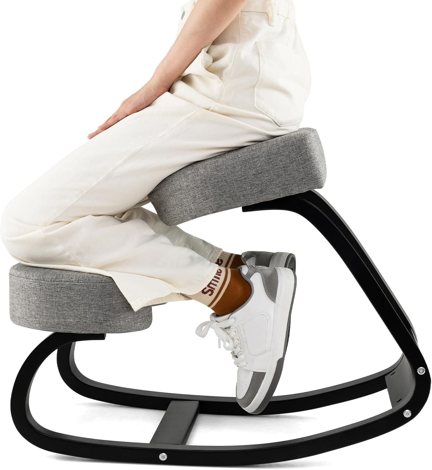 Goplus Ergonomic Kneeling Chair, Rocking Upright Posture Chair with Soft Seat & Knee Pads, Wooden Backless, Gray/Black