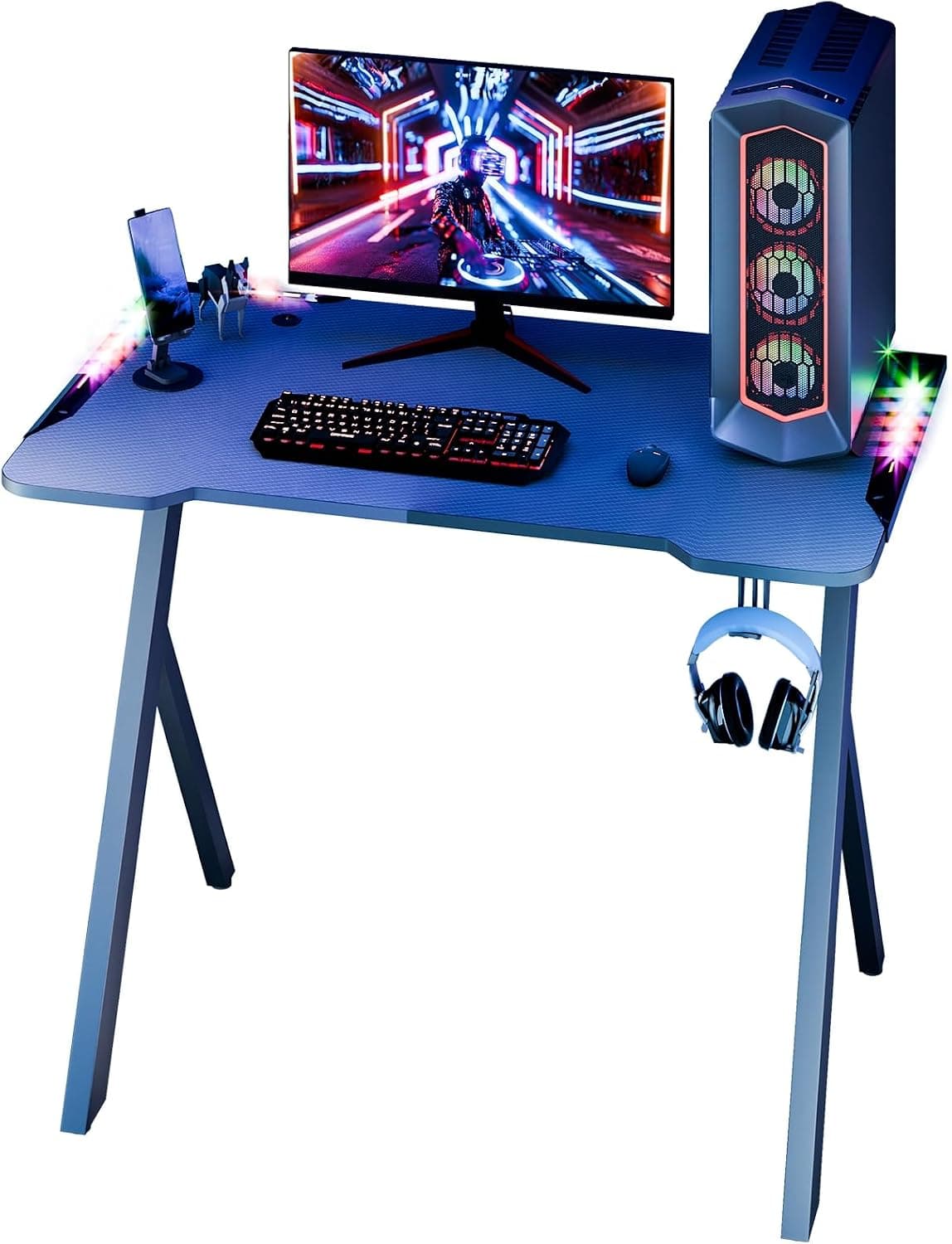 Gaming Desk with RGB LED Lights, 47 Inch Gaming Computer Table with Carbon Fiber Surface & X-Shaped Legs, Cup Holder & Headphone Hook, Black