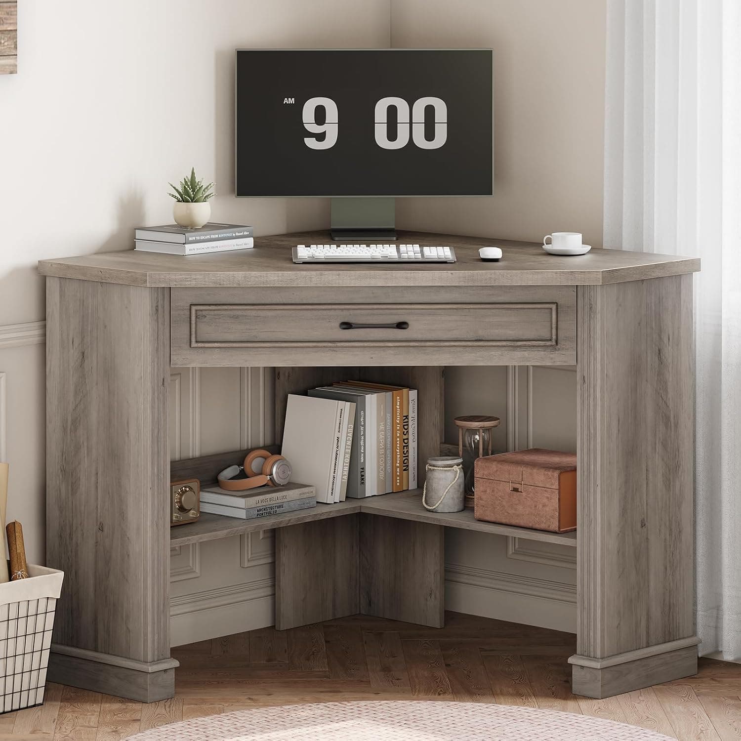 SEDETA 31.5" Small Corner Desk for Small Space, Farmhouse Computer Desk with Drawers, Triangle Computer Desk with Storage Shelves, Gray
