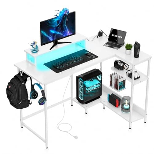 DEVAISE 47" L Shaped Gaming Desk with LED Lights and Power Outlets - Spacious Corner Computer Table with Monitor Stand and Storage Shelves for Work and Gaming, White