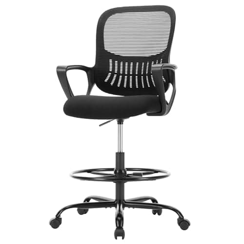 Sweetcrispy Ergonomic Tall Drafting Chair, High Office Desk Chair | Comfy Lumbar Support, Adjustable Height, Footrest, Fixed Arms, Counter, Dark Black