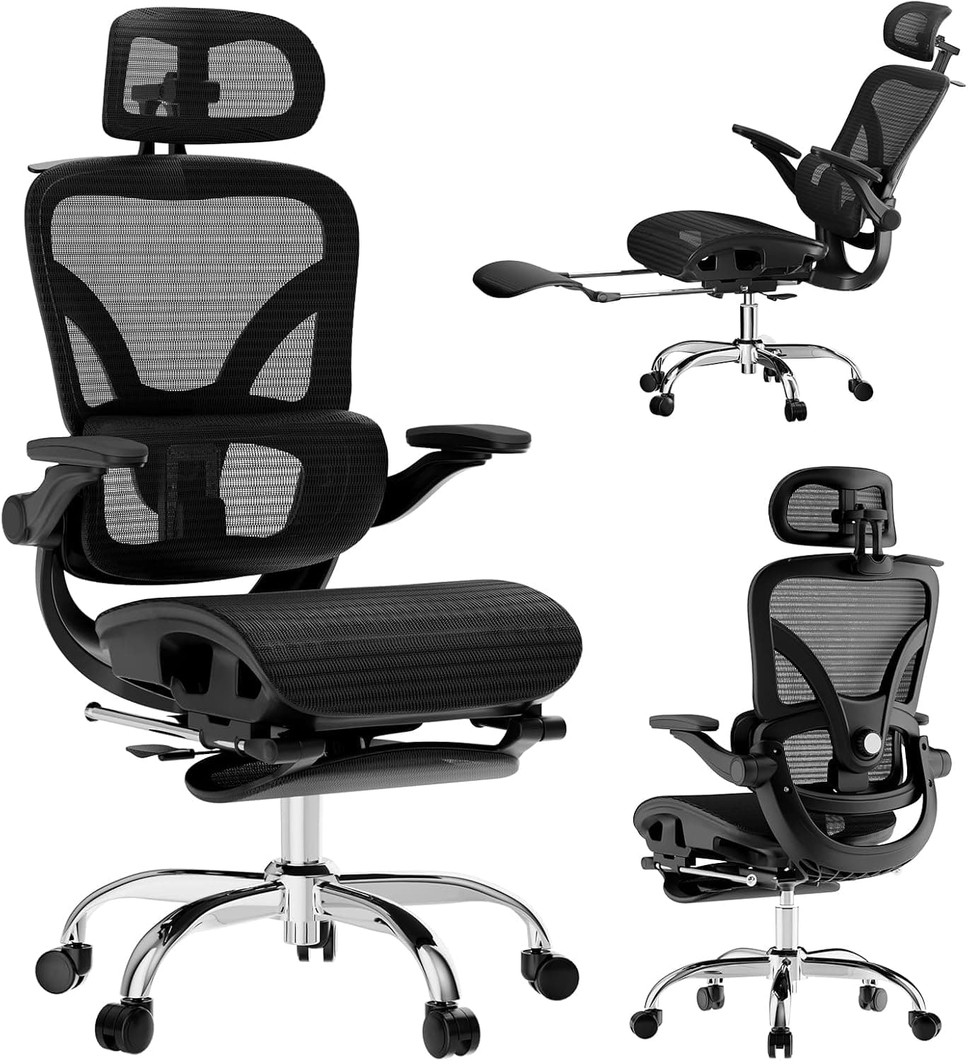 Alllion Ergonomic Mesh Office Chair, High Back with Adjustable Lumbar Support, 3D Headrest, Flip-up Arms, Black