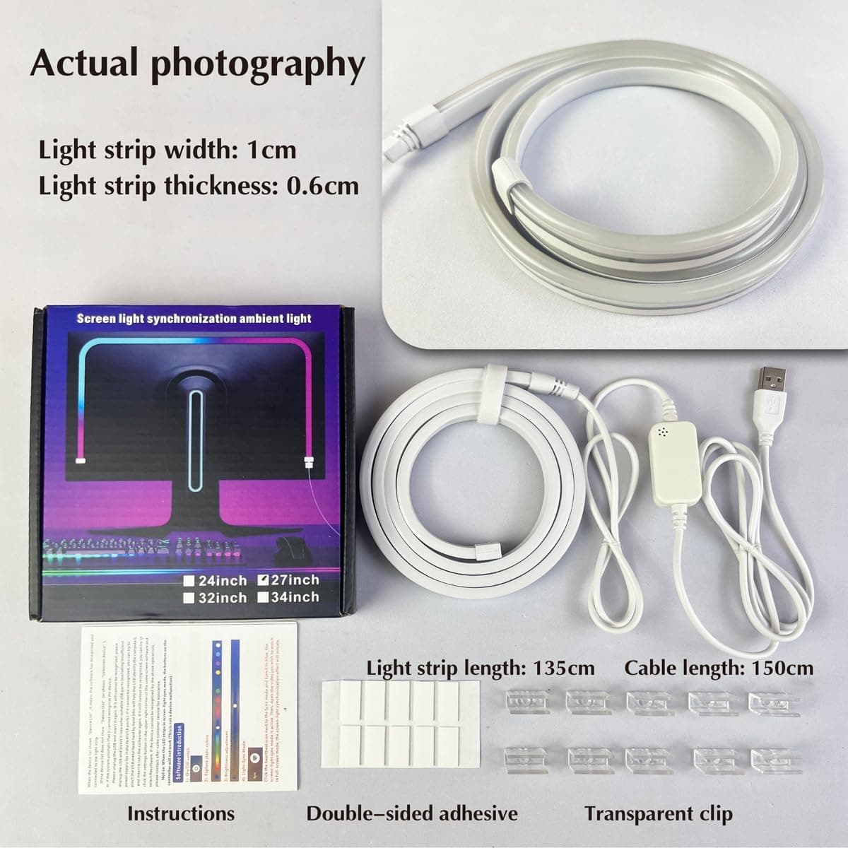 RZJSKJZM Monitor LED Backlights Strip Sync with Screen/Music, USB, Software Control, 32 in