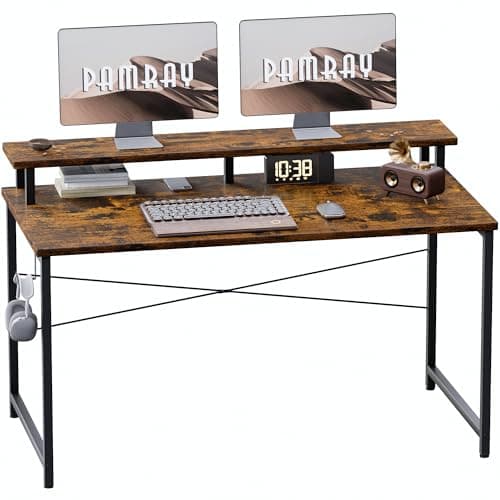 Pamray 47 Inch Small Computer Desk with Monitor Stand, Simple Office Desk with Headphone Hook for Small Spaces, Kids Study Writing Table for Bedroom, Vintage