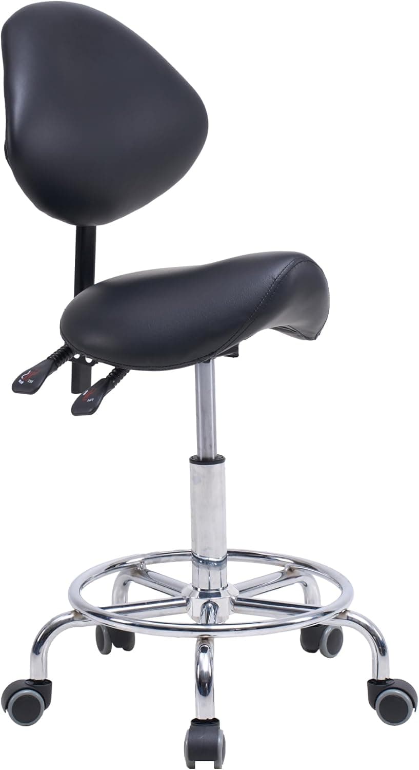 Saddle Stool Chair with Backrest and Footrest, Ergonomic Hydraulic Rolling Swivel Adjustable Stool, 400LBS, Black