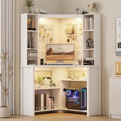 Corner Computer Desk with Hutch & Shelves and LED Reading Lights, White