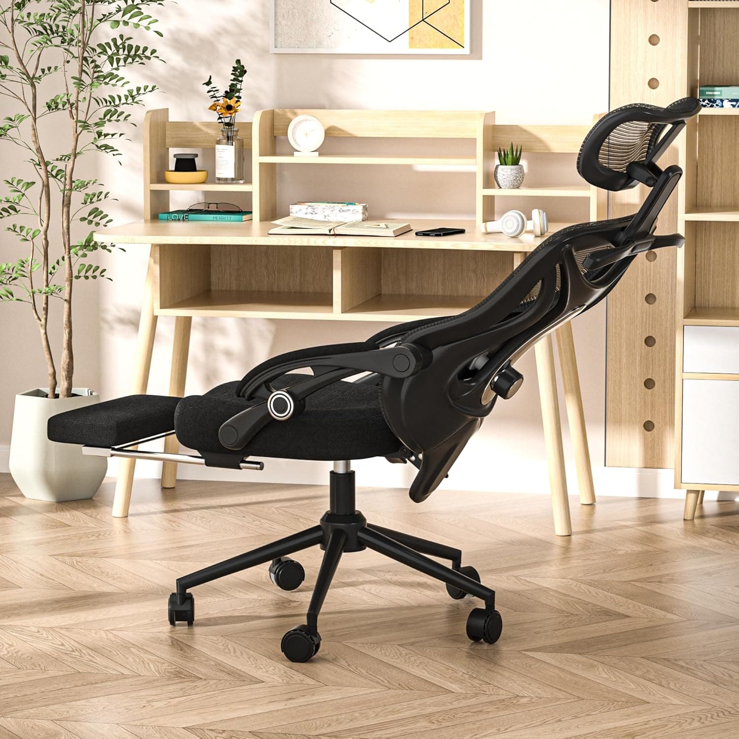 CYKOV Ergonomic Office Chair with Footrest, Adjustable Lumbar Support & Headrest, 90-135 Reclining Mesh Back, 350lbs