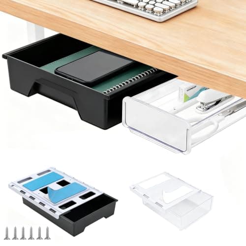 2 Pack Under Desk Drawer Organizer, Self Adhesive Hidden Drawer Storage, Slide Out Desk Organizer, Space Saving Pencil & Accessories Organizer, Under Table Storage for Home Office & School, Black