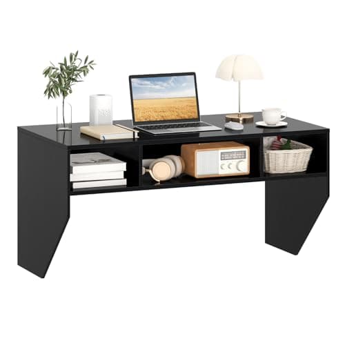 GIANTEX Wall-Mounted Computer Desk, Floating Laptop Desk with 3 Storage Compartments, Space-Saving Home Office Workstation Vanity Table for Bedroom, Study, Living Room (Black)