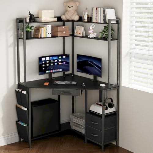 VENNQD Corner Desk with Drawers Shelves, Office Desk with Hutch, Triangle Corner Gaming Computer Desk with Storage Bag, Power Outlets and Hook for Home Office Workstation (Black)