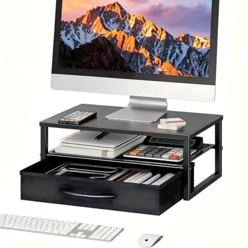 Ekisemio Metal Monitor Stand Riser with Fabric Drawer, 2-Tier Computer Desk Organizer for Laptop, Computer, iMac, Black | Fabric Drawer, 2-Tier Design, Desk Organizer, Metal Construction