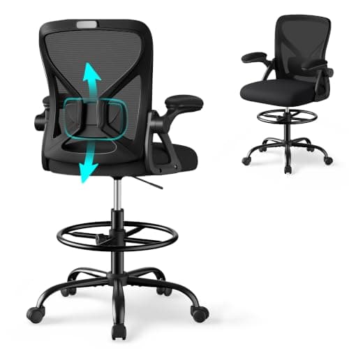 SONGMICS Drafting Chair, Ergonomic Tall Office Chair for Standing Desk | Mesh Back, Adjustable Footring, Lumbar Support, Flip-Up Armrests, 25.2 x 25.2 x 41.3-49.2 Inch, KIME Collection UOBN046B101S