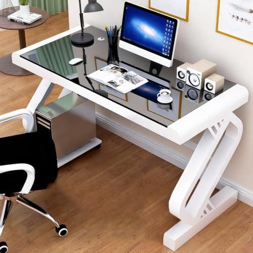 Glass Computer Desk with Tempered Top, Modern Home Office Writing Table
