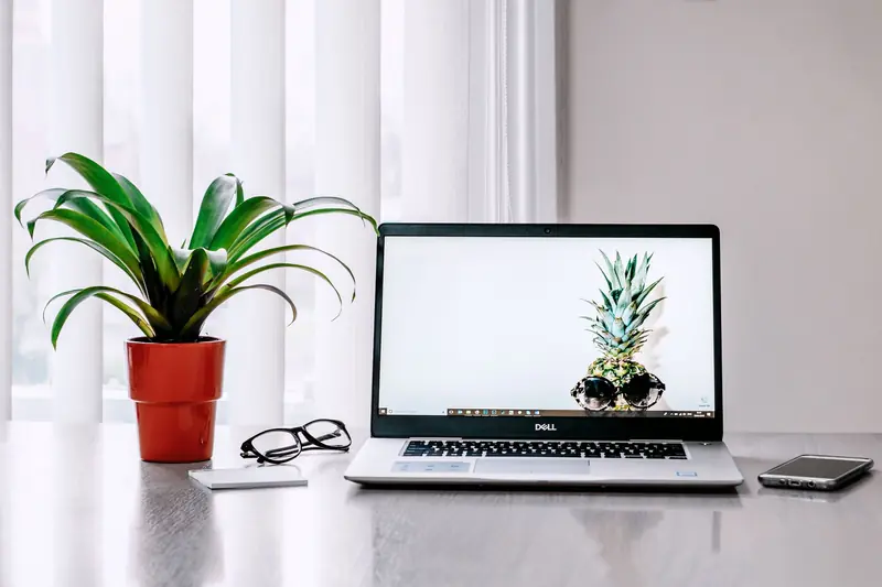 A stylish workspace featuring a laptop, plant, and smartphone on a desk