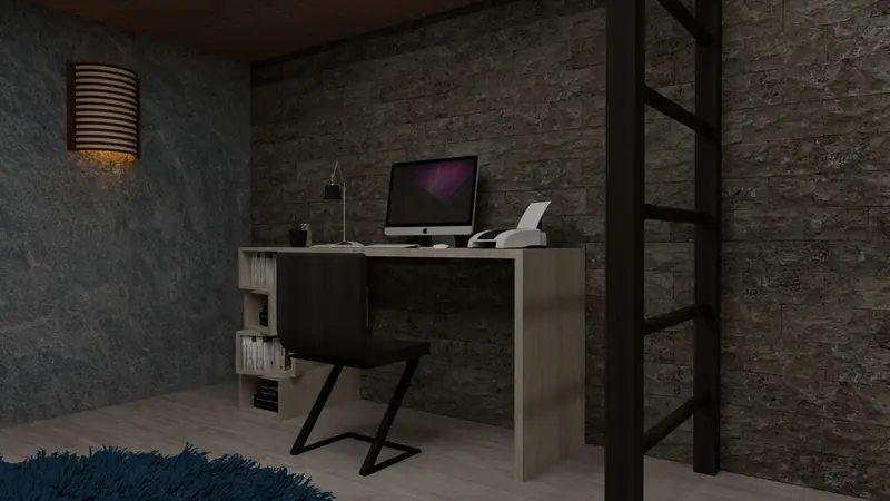 A stylish home office with minimalist desk setup, chair, and computer in dim lighting