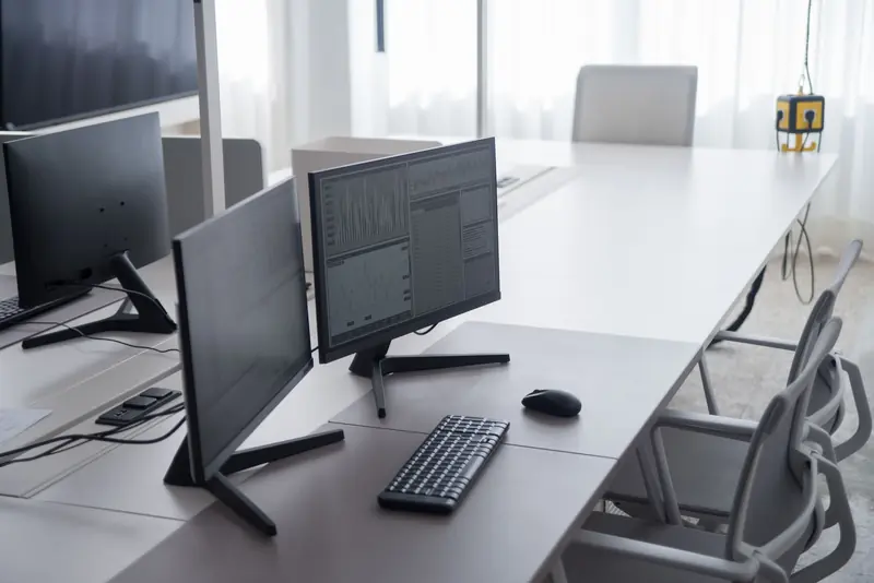 A clean and modern office desk with dual monitors and ergonomic chairs, ideal for productivity