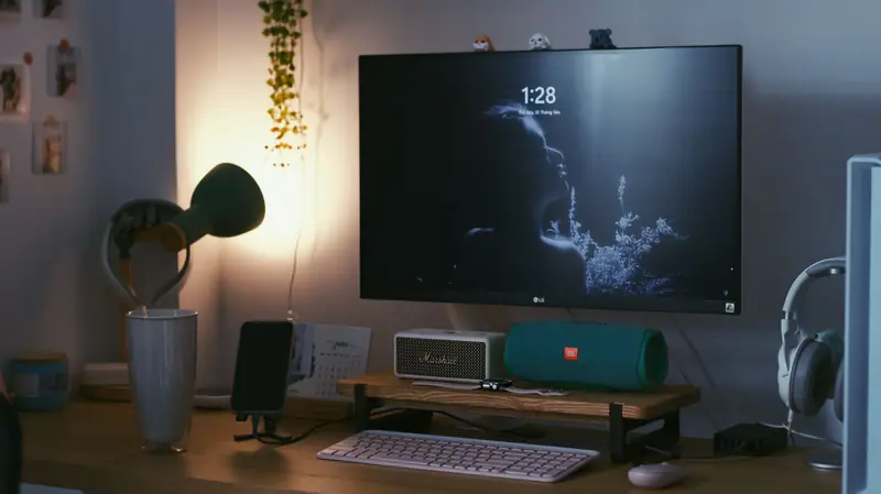 A stylish home office desk featuring a computer setup with accessories, perfect for creativity and productivity